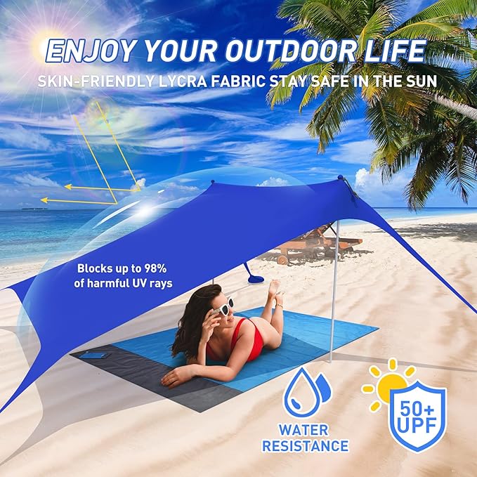 Beach Tent Pop Up Shade Canopy Sun Shelter UPF50+ with 2 Stability Poles/Carry Bag/Ground Pegs/Sand Shovel/Windproof Ropes Portable Outdoor Family Sunshade for Beach Camping (Teal Blue, 7×7FT)