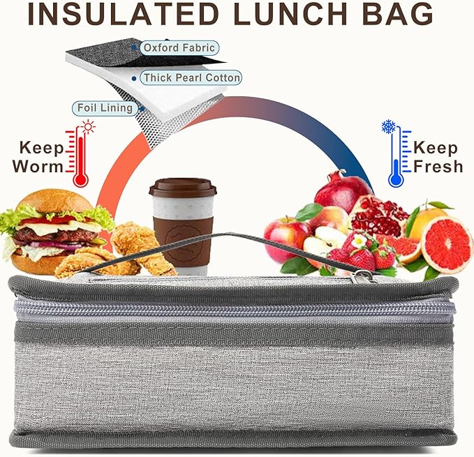 FlowFly Small Insulated Lunch box Portable Soft Bag Mini Cooler Thermal Meal Tote Kit with Handle for Work & School, Heather Grey