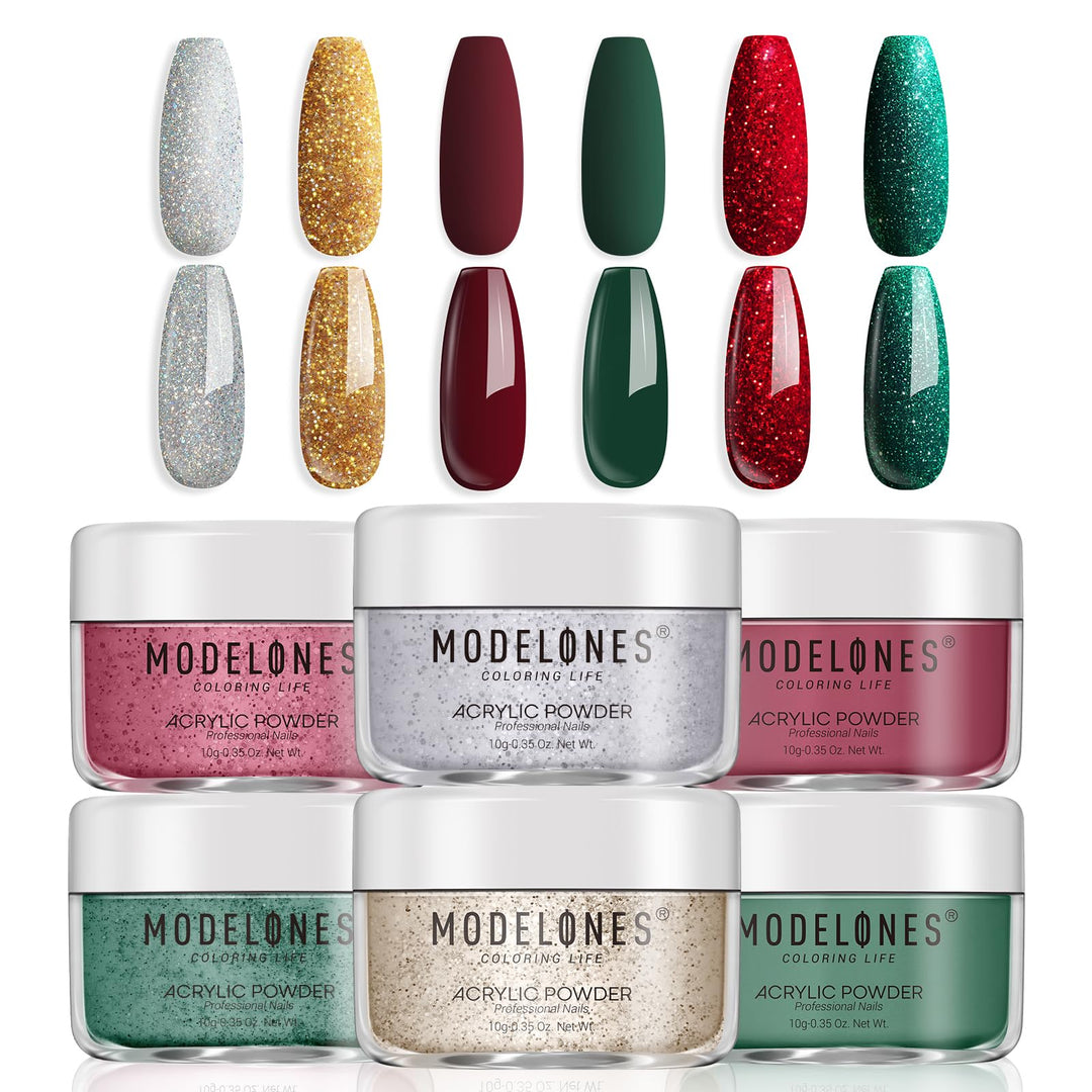 Modelones Acrylic Powder 6 Colors Acrylic Nail Powder Kit Green Glitter Gold Silver Dark Green Red 3D Acrylic Nail Art Nail Exte