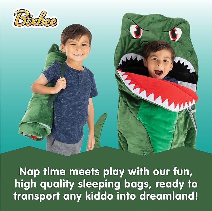 Bixbee Kids Dinosaur Sleeping Bag for 3+, 60 x 22 Inches, Soft Toddler Slumber Bag with Carrying Handle | Machine Washable for Naptime, Daycare