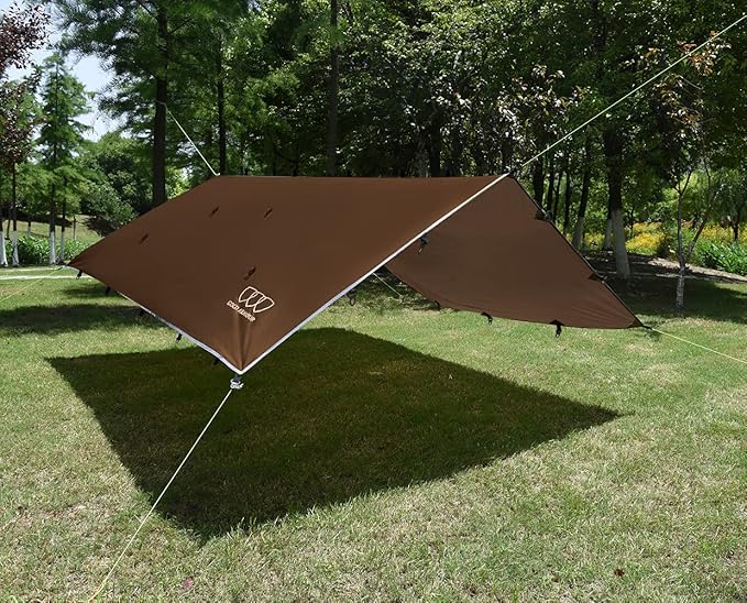 Gold Armour Rainfly Tarp Hammock, Premium 14.7ft/12ft/10ft/8ft Rain Fly Cover, Waterproof Ultralight Camping Shelter Canopy, Survival Equipment Gear Camping Tent Accessories (Brown 12ft x 10ft)