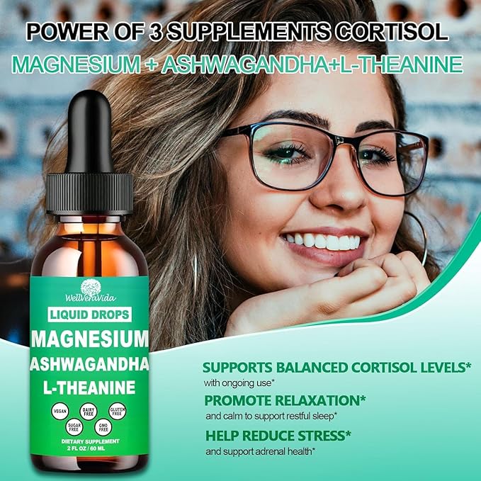 Cortisol Supplements for Women & Men, Cortisol Calm Detox Manager Reducer w. Magnesium Ksm-66 Ashwagandha L-Theanine Vitmain D3 K2 B6, Cortisol Liquid Drop for Recess Mood & Hormone Balance, Lemonade