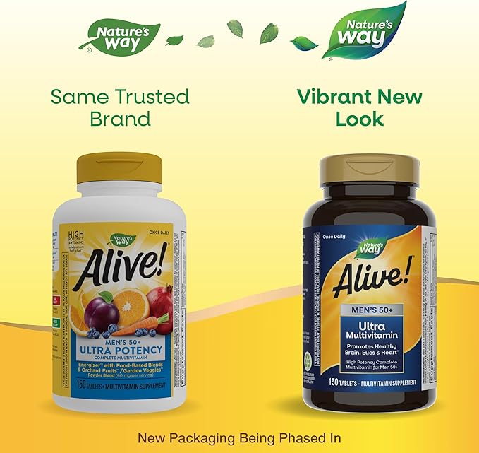 Nature's Way Alive! Men’s 50+ Daily Ultra Multivitamin, High Potency Formula, Supports Healthy Brain, Eyes & Heart*, with Methylated B12, Gluten-Free, 150 Tablets
