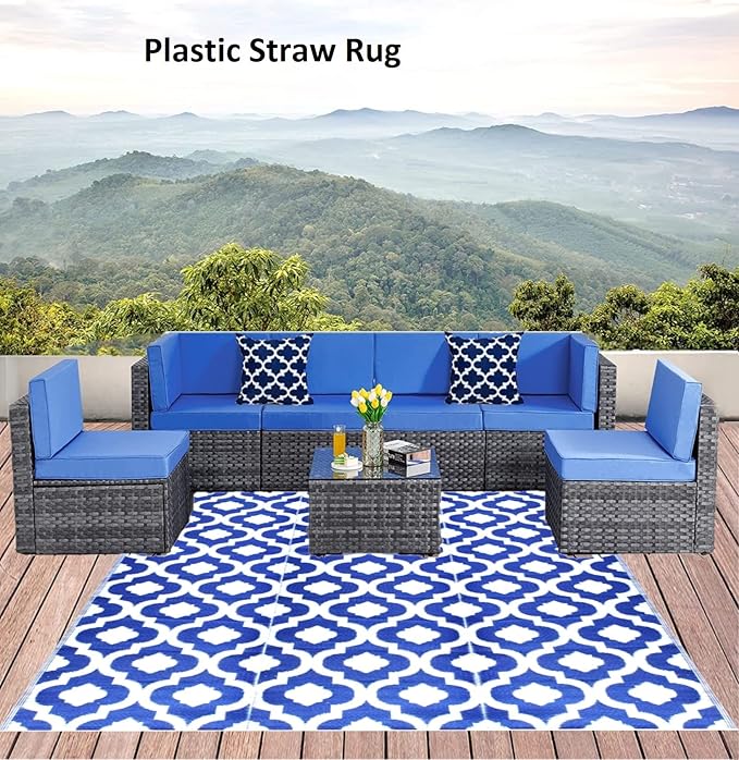 BalajeesUSA Outdoor Rug - 9x12 Blue, reversible Recycled Plastic straw Outdoor Patio Rugs Clearance Waterproof Large RV Camper Rug 484