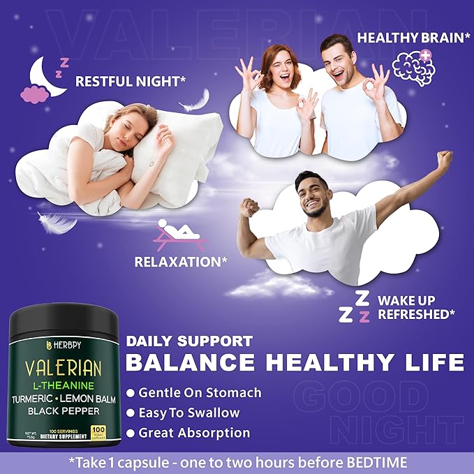 5in1 Valerian Root Capsules Plus L-Theanine, Lemon Balm, Turmeric and Black Pepper for Relaxation, Restful Night, Digestion & Immune Support - 100 Count