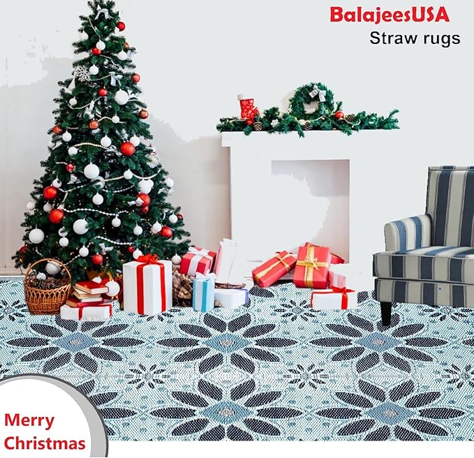 BalajeesUSA Outdoor Rug - 5x7 Sky Blue, Black, Grey, Reversible Recycled Plastic Straw Outdoor Patio Rugs Clearance Waterproof Large RV Camper Mats 287