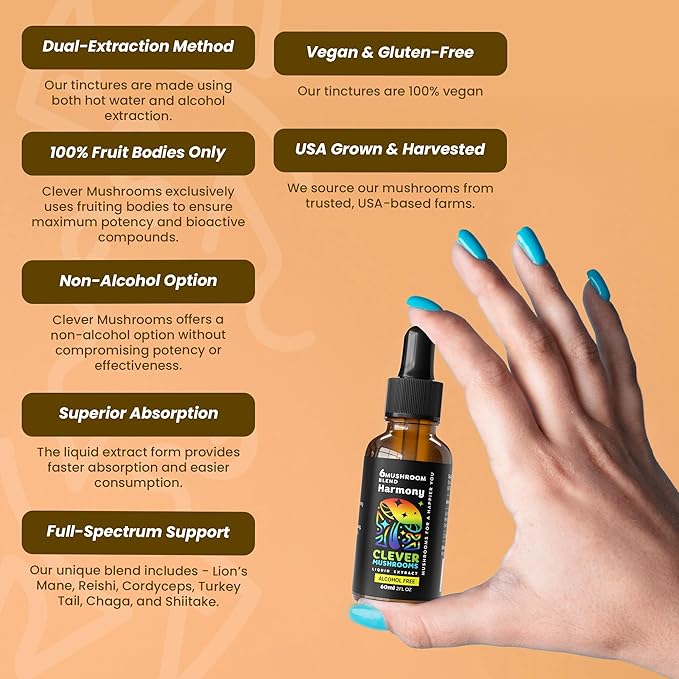 6 Blend Mushroom Liquid Extract, US Grown Mushrooms Alcohol Free, Natural Energy, Cognitive Support, Immunity Boost,100% Fruit Bodies, Lion's Mane, Cordyceps, Reishi, Chaga, Turkey Tail (1 fl oz)
