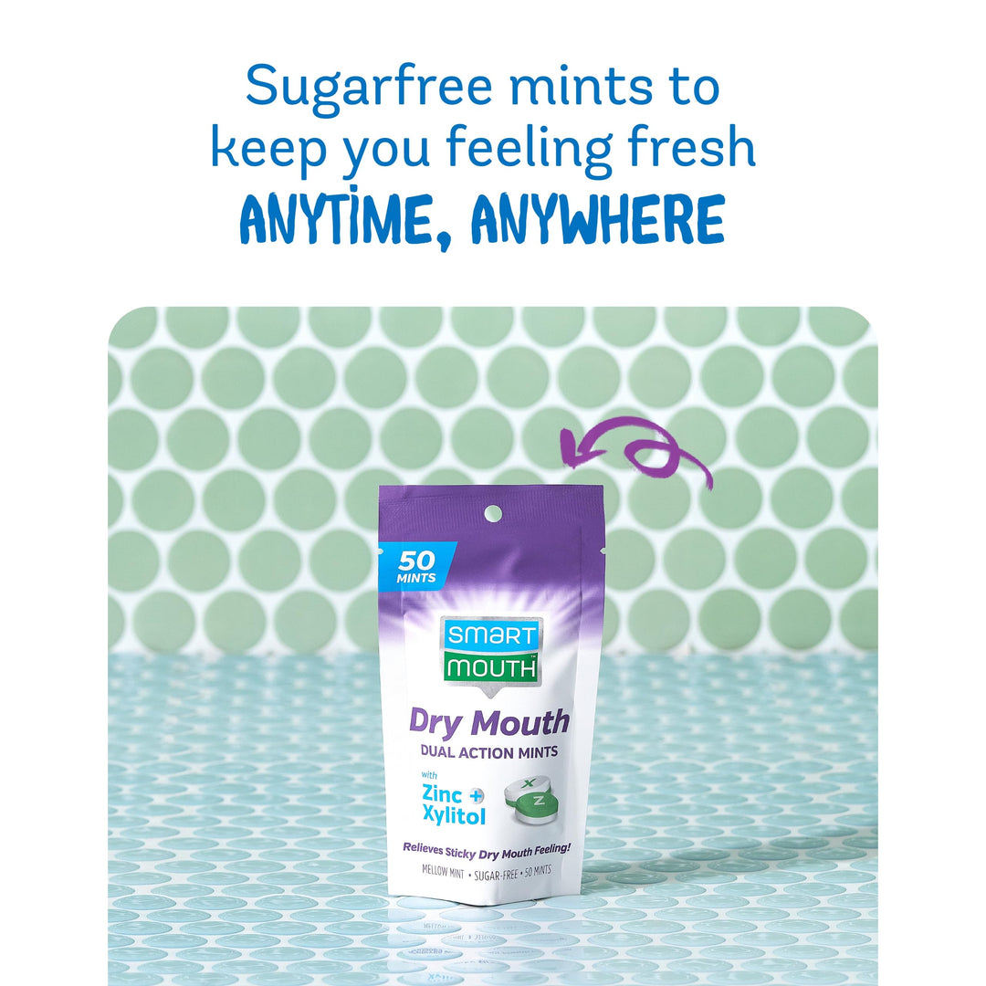SmartMouth Dry Mouth Dual-Action Mints - Sugar-Free Breath Mints - 50 Count, 3 Pack, Mellow Mint