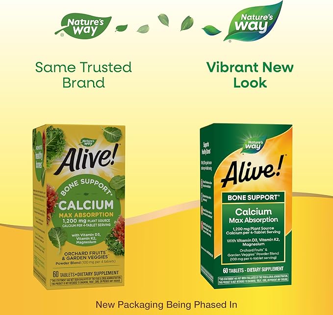Nature's Way Alive! Calcium Max Absorption, Plant Source Calcium, Vitamin D3 & K2, Magnesium, Bone Support*, 60 Tablets (Packaging May Vary)