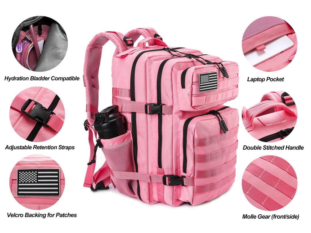 LHI Military Tactical Backpack for Men and Women 45L Army 3 Days Assault Pack Bag Large Rucksack with Molle System - Pink