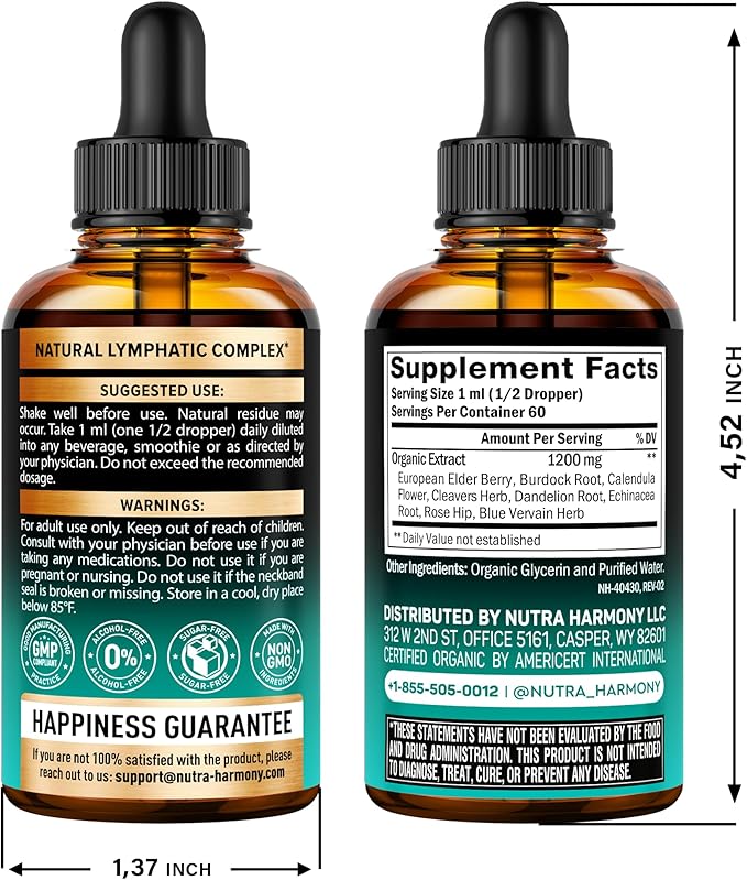 USDA Organic Lymphatic Drainage Supplement - Echinacea | Elderberry | Dandelion | Rosehip | Cleavers | Calendula | Burdock - Made in USA - Lymph System Drops - Immune Support, Cleanse & Detox, 3 Pack