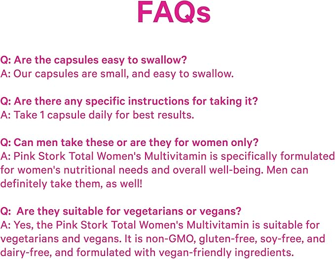 Pink Stork Total Women's Multivitamin - Supports Hair, Skin, Nails, Bone Health & Immune System - Includes B6, B12, Biotin, Iron & Zinc - Premium Women's Vitamins - 30 Capsules