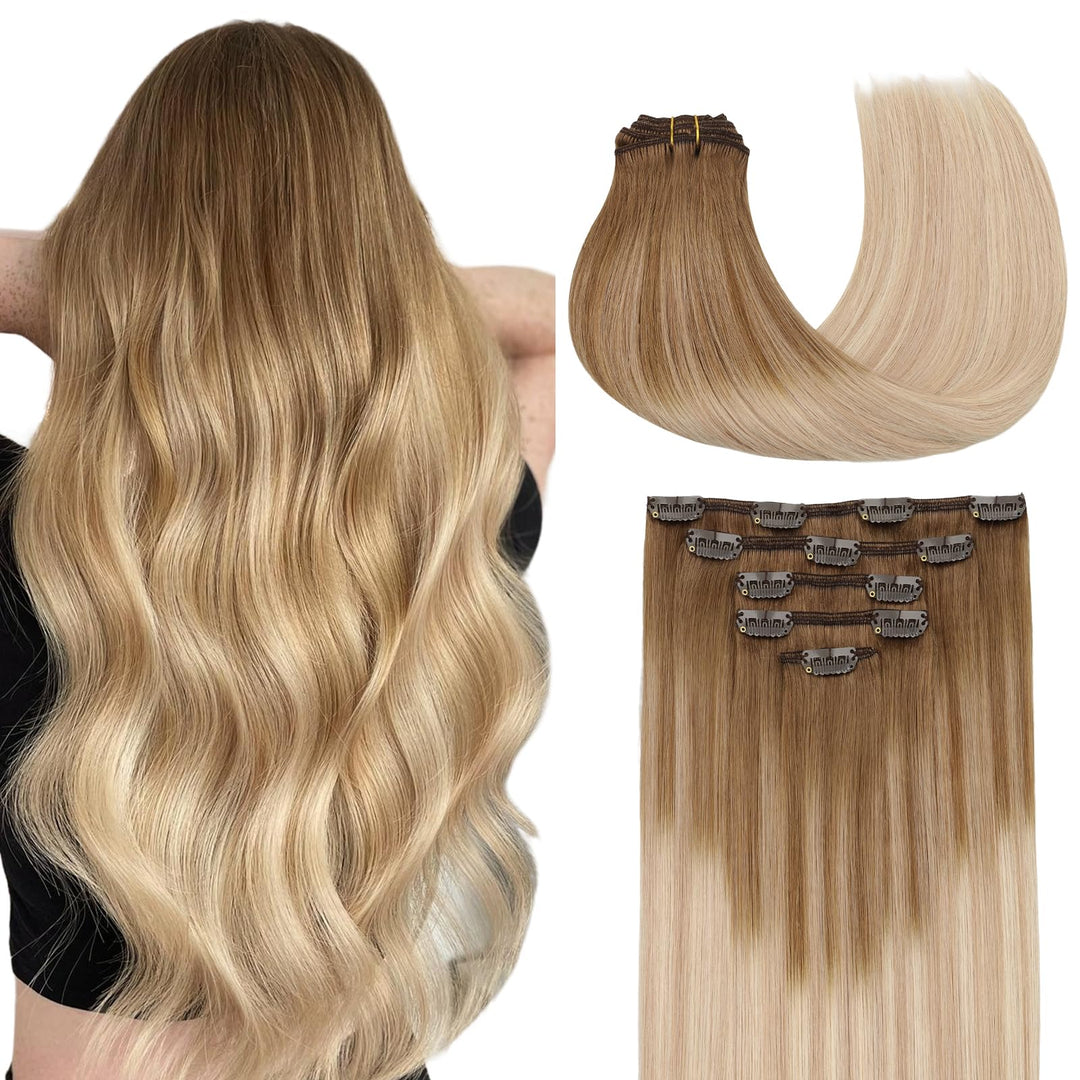 Maxita Clip In Hair Extensions Real Human Hair,85G 5Pcs Ash Bronde Highlight 22 Inch,Remy Human Hair Extensions Clip In Straight