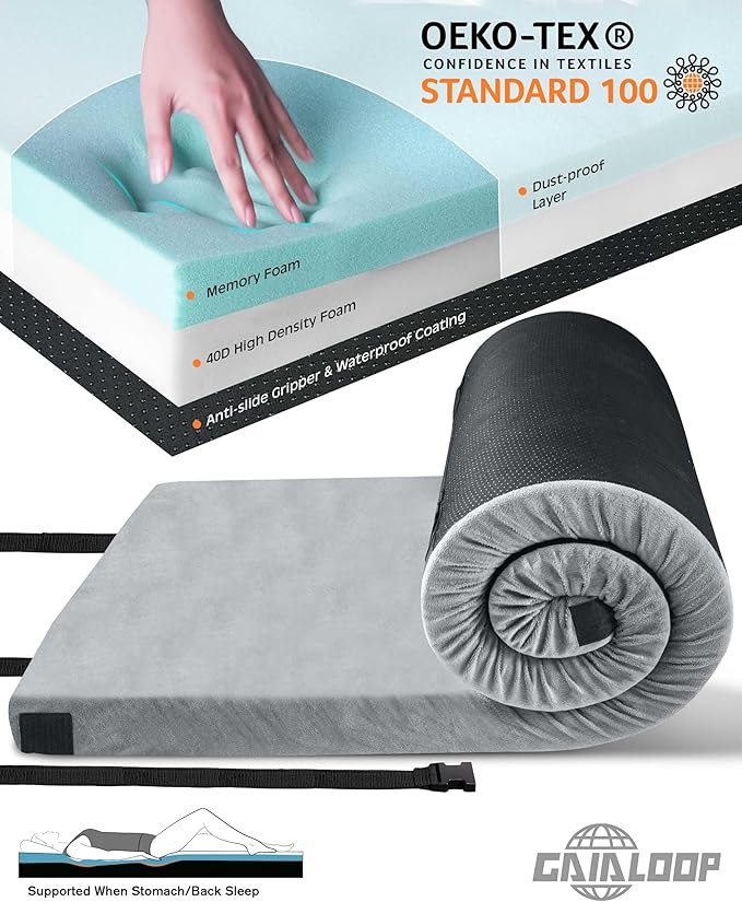3 Inch GAIALOOP Thick Memory Foam Camping Mattress Sleeping Pad [Car/Tent/Cot] Glamping Portable Floor Mat Roll Up Futon Mattress for Guests Sleepover