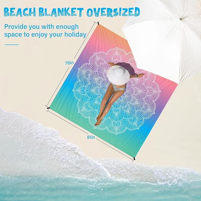 Beach Blanket Waterproof Sandproof 1-7 Adult Oversized 78 '' × 81 '' Lightweight Durable Compact Sand Free Beach Mat for Travel Camping Hiking Picnic Blanket Extra Large