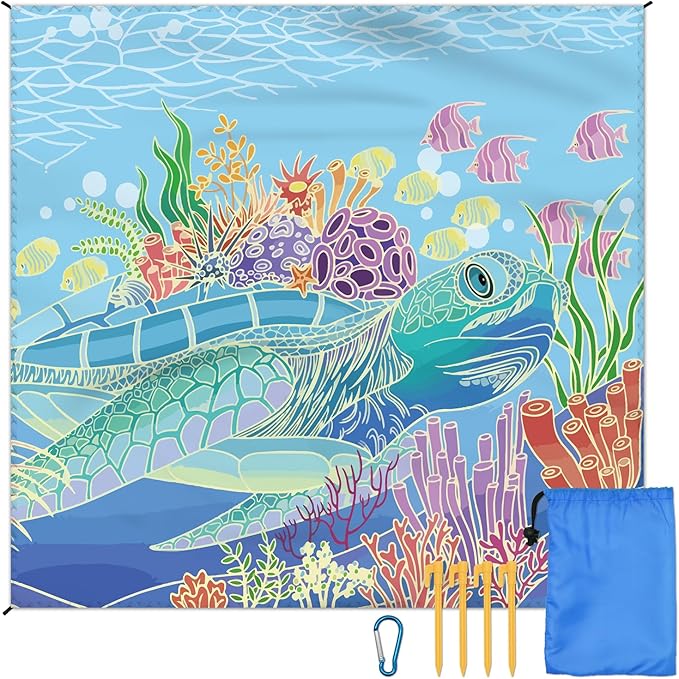 Beach Blanket Waterproof Sandproof Large Beach Mat 79" X 83" for 2-4 Adults Sand Free Mat Quick Drying,Lightweight & Durable with 4 Stakes & 4 Corner Pockets for Beach Travel Camping.(Sea Turtle)