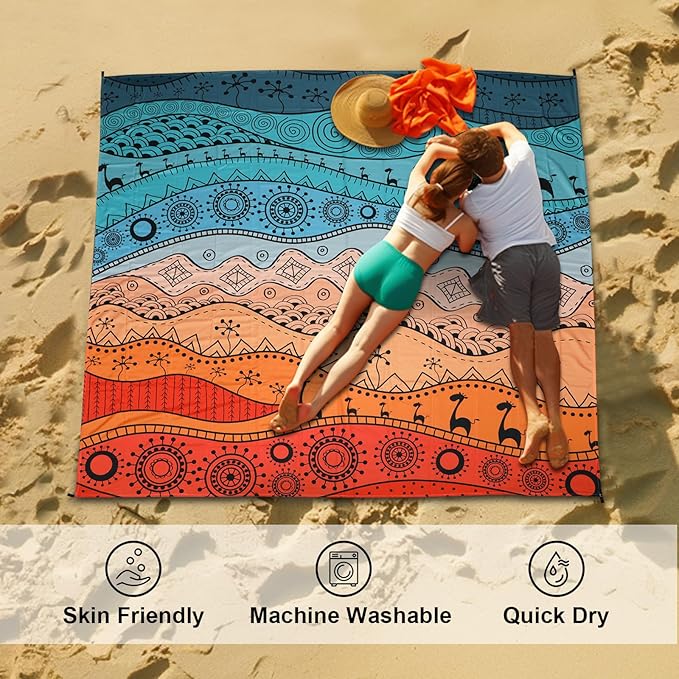 Beach Blanket Waterproof Sandproof, 79" x 83" Extra Large Sand Free Quick Drying Beach Mat, Compact Outdoor Picnic Mat for Travel, Hiking, Camping (Bohemian)