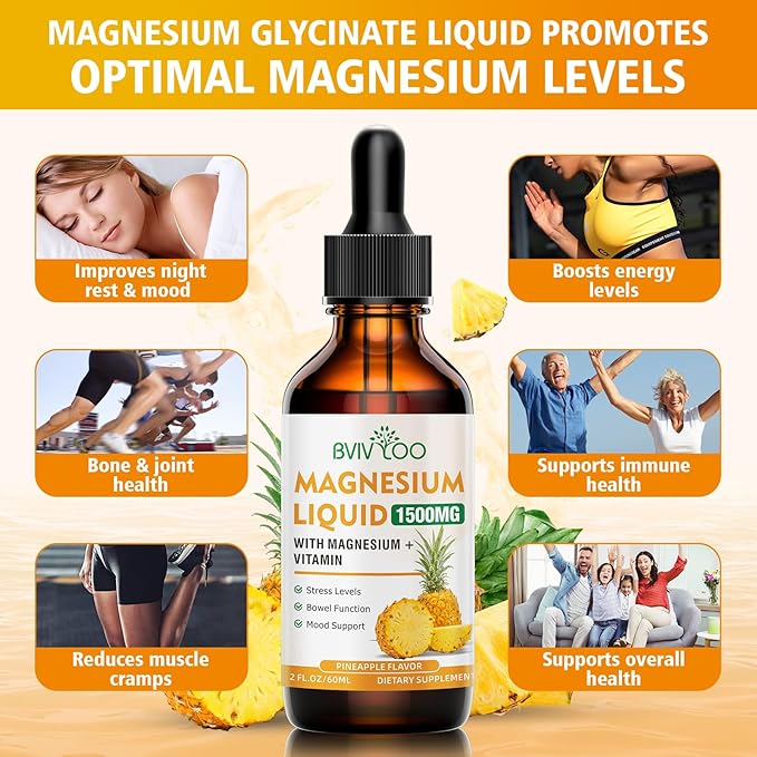2 Pack Magnesium Glycinate Liquid, High Absorption Magnesium Liquid Drops with Cellulose Fiber, Bromelain, Vitamins B6 C D & Zinc, Magnesium Supplement for Adults & Kids, Pineapple Flavor