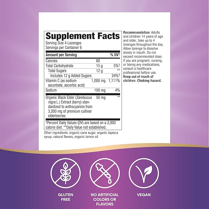 Nature’s Way Sambucus Elderberry Lozenges, 1000 mg Vitamin C Per Serving, Wild Cherry, 24 Count