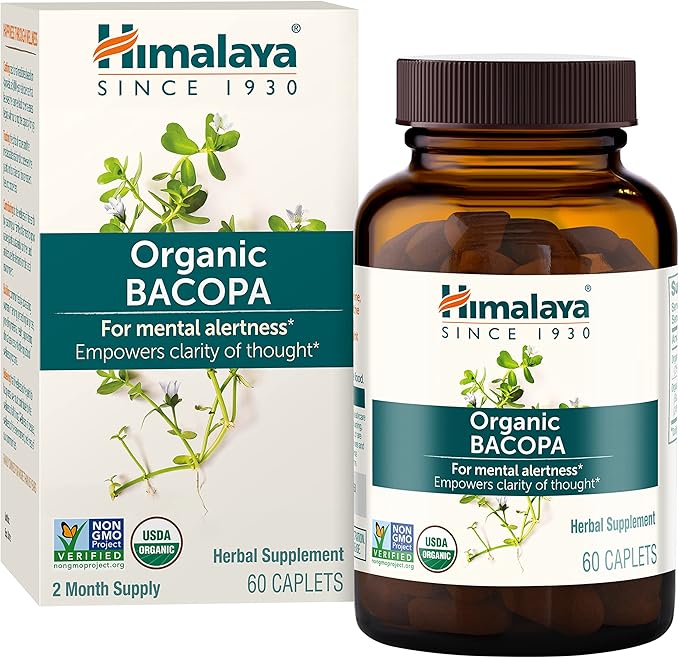 Himalaya Organic Bacopa Monnieri Nootropic Herbal Supplement, Supports Calm, Memory, Cognition, USDA Certified Organic, Non-GMO, 750 mg, 60 Plant-Based Caplets, 60 Day Supply