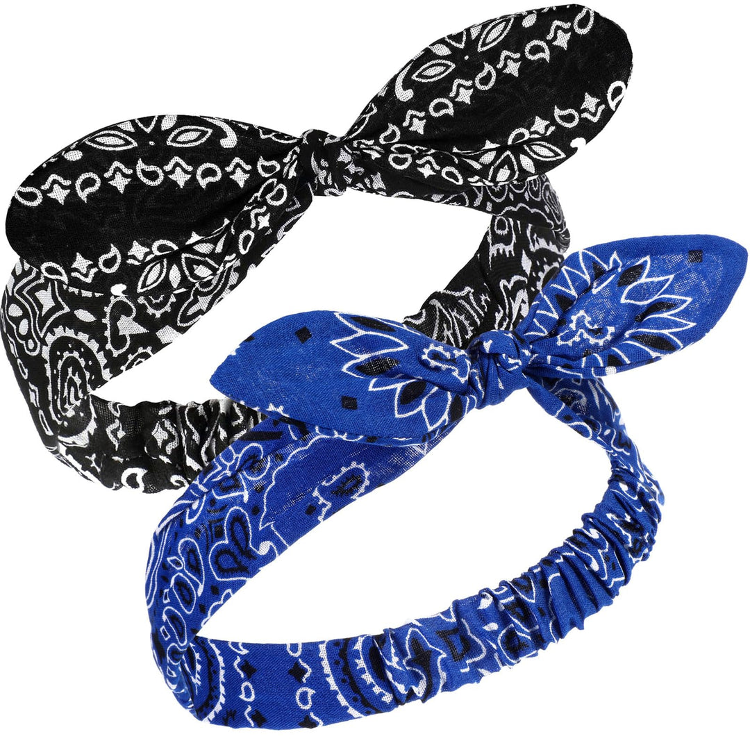 2 Pieces Bandana Headband For Women, Knot Retro Print Headbands Paisley Print Headband Headwrap Adjustable Headwrap(Black, Blue)