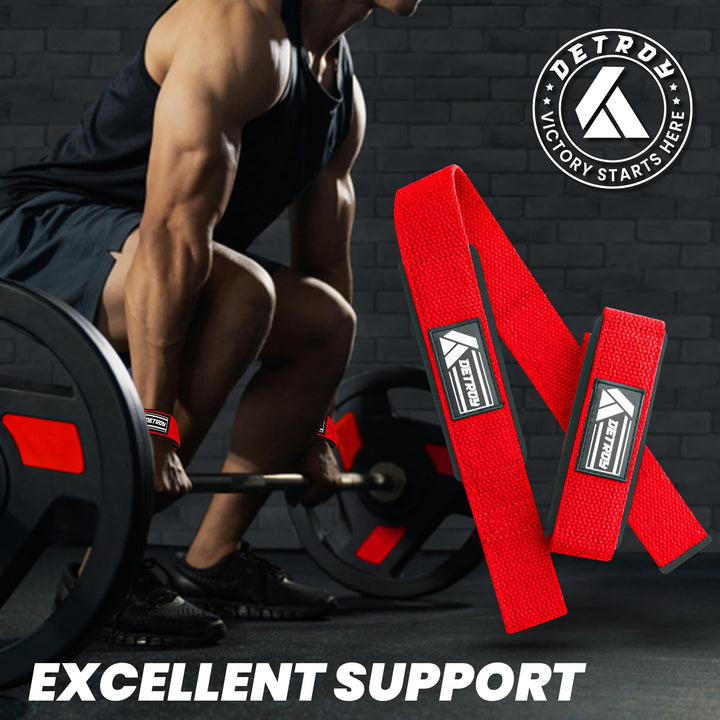 Detroy® Lifting Wrist Straps for Weightlifting, Deadlifts, Bodybuilding, Powerlifting, Gym Strength Training Workouts - Padded Neoprene with 24 inch Webbing Cotton with Silicone Grip for Men & Women (Red)