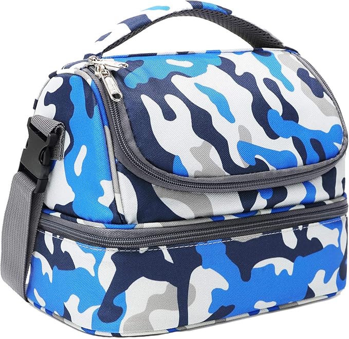 FlowFly Kids Double Decker Cooler Insulated Lunch Bag Large Tote for Boys, Girls, Men, Women, With Adjustable Strap, Blue Camo