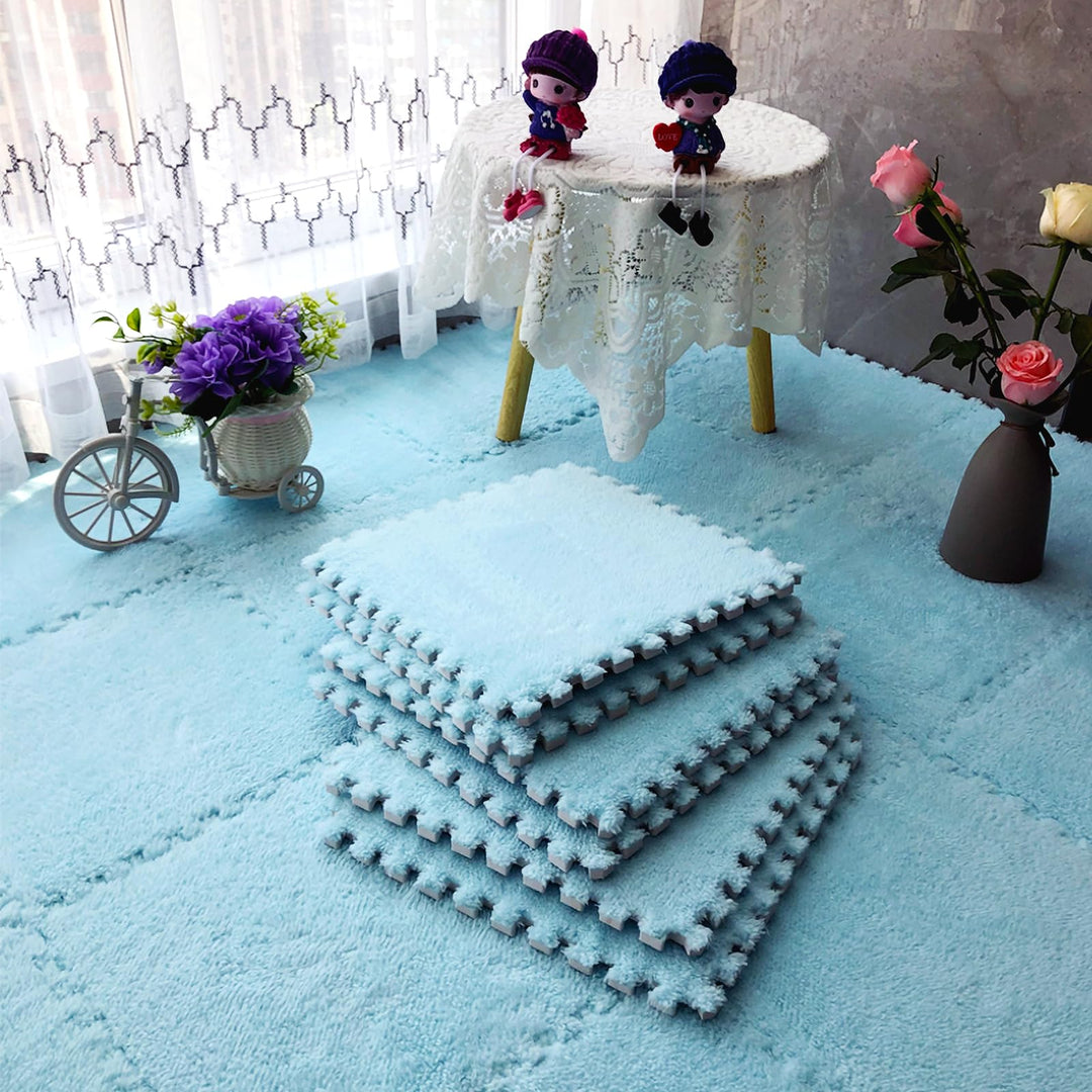 easycustomerlee 12pcs Interlocking Carpet Shaggy Soft EVA Foam Mats Fluffy Rugs Protective Floor Tiles Play Mats for Children Kids Room Home Parlor Bedroom(Lightblue)