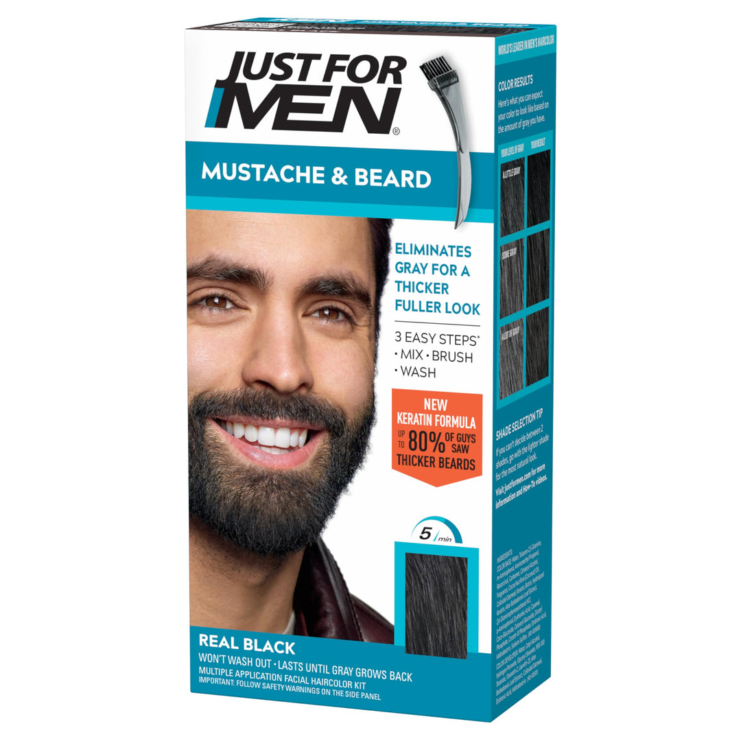 Just For Men Mustache & Beard, Beard Dye for Men with Brush Included for Easy Application, With Biotin Aloe and Coconut Oil for Healthy Facial Hair - Real Black, M-55, Pack of 1 (Packaging May Vary)