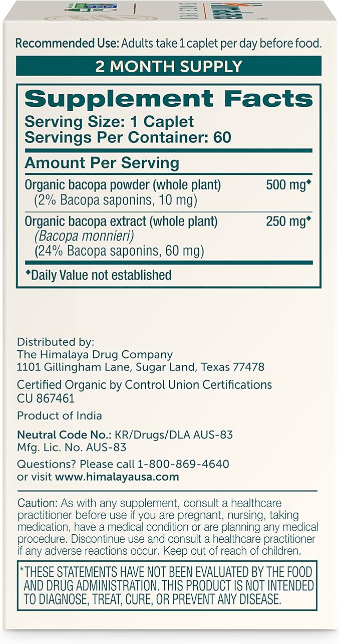 Himalaya Organic Bacopa Monnieri Nootropic Herbal Supplement, Supports Calm, Memory, Cognition, USDA Certified Organic, Non-GMO, 750 mg, 60 Plant-Based Caplets, 60 Day Supply