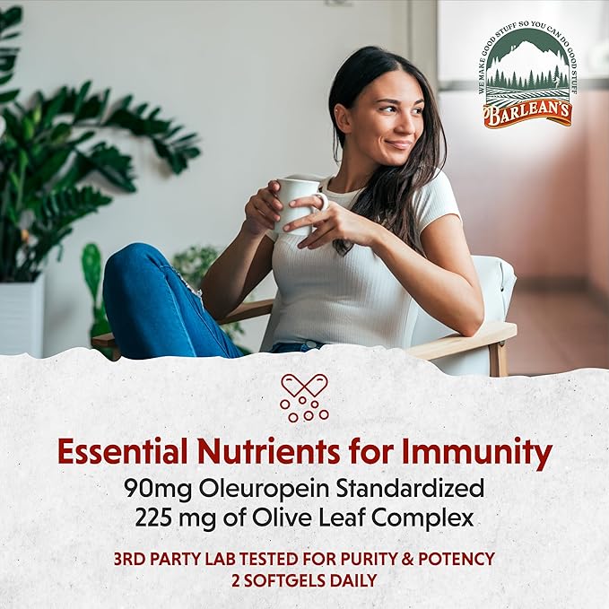 Barlean's Olive Leaf Complex Softgels Immune Support Supplement with 90 mg Oleuropein Antioxidants, Concentrated Heart Health and Immunity Booster Pills, 60 Count