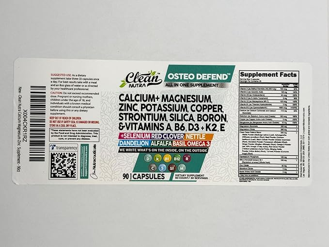 Clean Nutraceuticals Calcium Magnesium Zinc Supplement with Potassium, Copper, Strontium, Silica, Vitamin D3 K2, Boron, Vitamin B1 B12 Red Clover Herb Alfalfa Basil Pills for Men & Women Osteo Defend