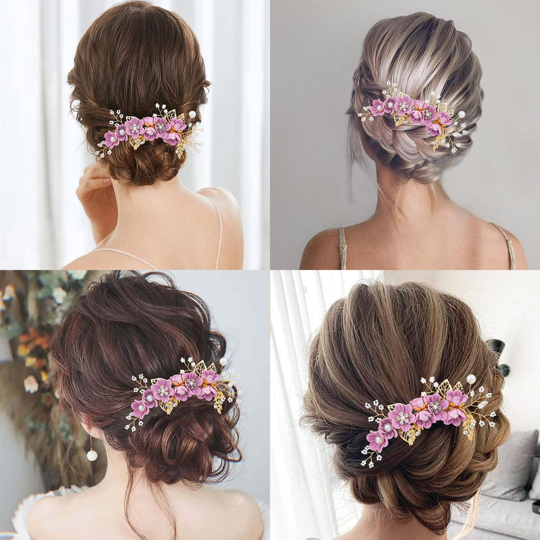 Wedding Hair Combs, Crystal Flwoer Hair Clips Bride Bridesmaid Hair Sides Comb Rhinestone Barrettes, Pearl Flower Hair Pins Hair Accessories for Women Girls (Purple)