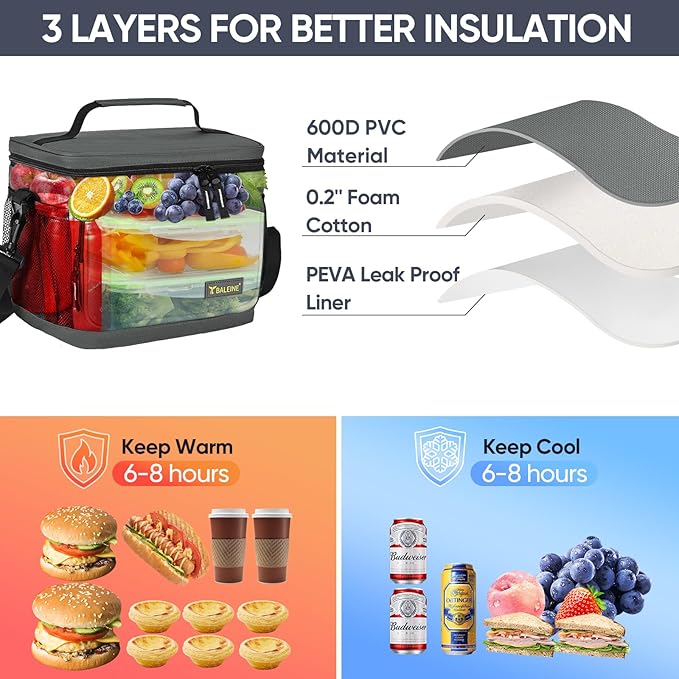 BALEINE Insulated Lunch Bag for Men Women, 22 Can Leakproof Cooler Bag with Adjustable Shoulder Strap for Work Picnic, Lunch Box for Women Men (Large, Grey)