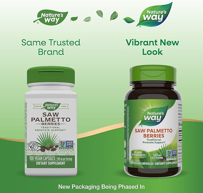 Nature's Way Saw Palmetto Berries, Traditional Prostate Support*, 585 mg per Serving, Non-GMO Project Verified, Vegan, 100 Capsules (Packaging May Vary)