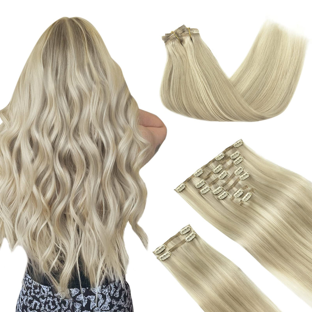 Doores Hair Extensions Clip In Human Hair, Ash Blonde Highlighted Platinum Blonde 150G 9Pcs 20 Inch, Remy Human Hair Extensions