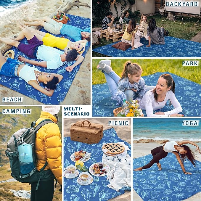 Beach Blanket Sandproof Waterproof 78''×110'' 1-7Adults Oversized,Compact Lightweight Durable Beach Mat for Travel Camping Hiking Picnic Blanket