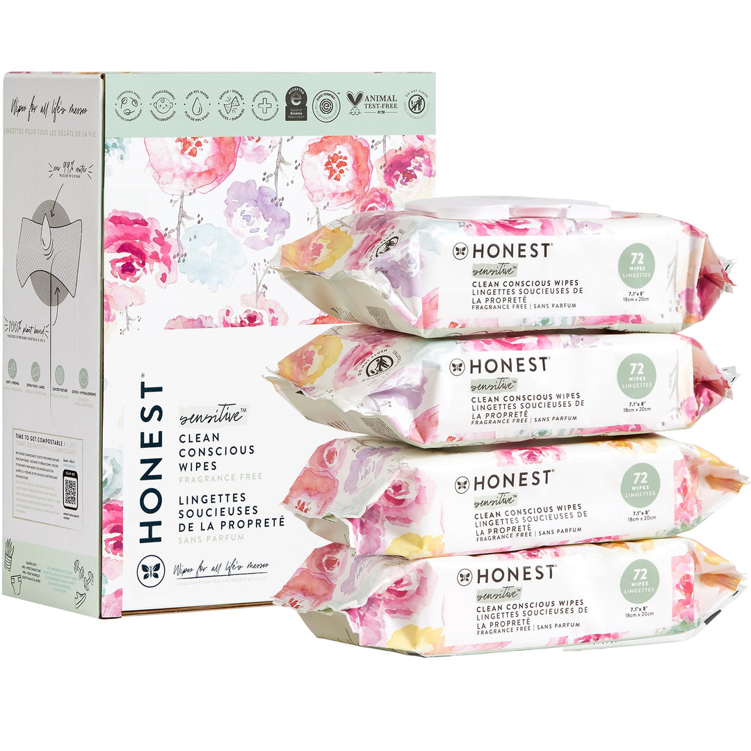 The Honest Company Clean Conscious Unscented Wipes | Over 99% Water, Compostable, Plant-Based, Baby Wipes | Hypoallergenic for Sensitive Skin, EWG Verified | Rose Blossom, 288 Count