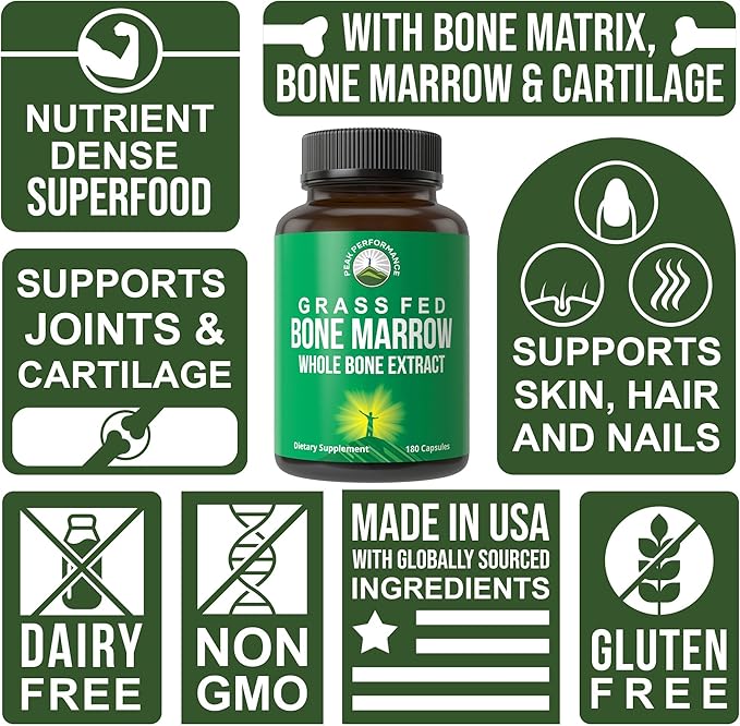 Peak Performance Grass Fed Bone Marrow - Whole Bone Extract Supplement 180 Capsules Superfood Pills Rich in Collagen, Vitamins, and Amino Acids. from Bone Matrix, Marrow, Cartilage. Ancestral Tablets