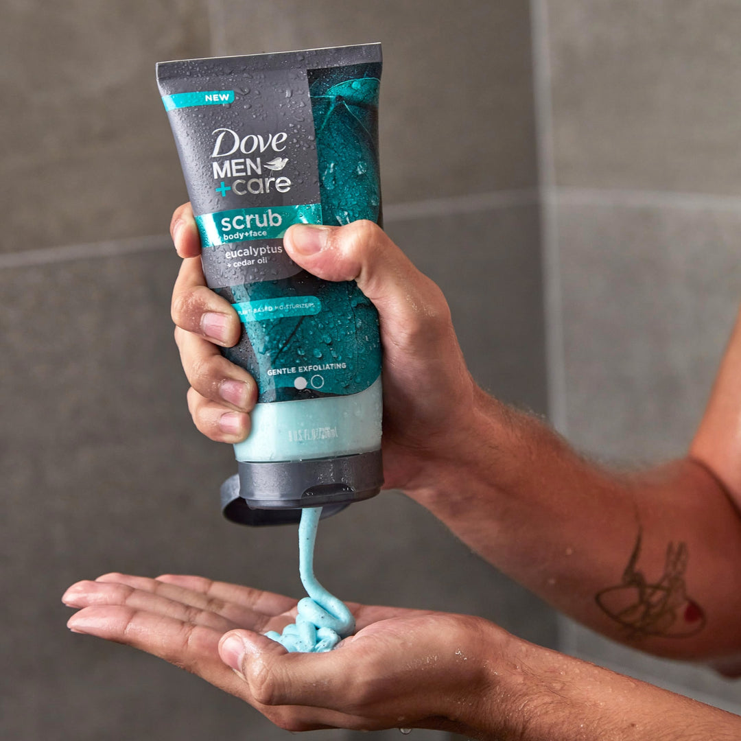 Dove Men+Care Eucalyptus Body and Face Scrub Deeply Exfoliates for Hydrated & Nourished Skin 100% Gentle Cleanser, No Sulfate Cleansers or Parabens