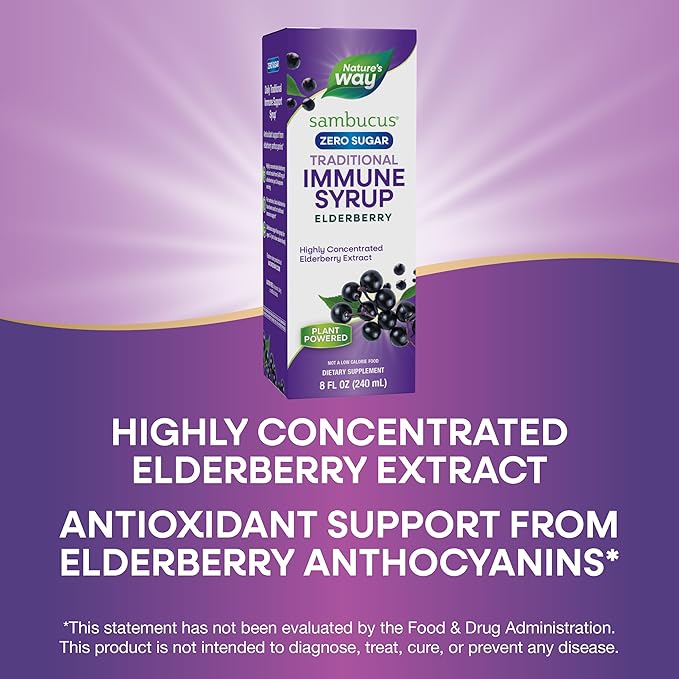 Nature’s Way Sambucus Zero Sugar Traditional Immune Syrup, Highly Concentrated Black Elderberry Extract, Traditional Immune Support*, Sugar-Free, Berry Flavored, 8 Fl Oz (Packaging May Vary)