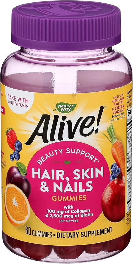 Nature's Way Alive! Hair, Skin & Nails Gummies with Biotin & Collagen, Beauty Support, Strawberry Flavored, 60 Gummies (Pack of 1)