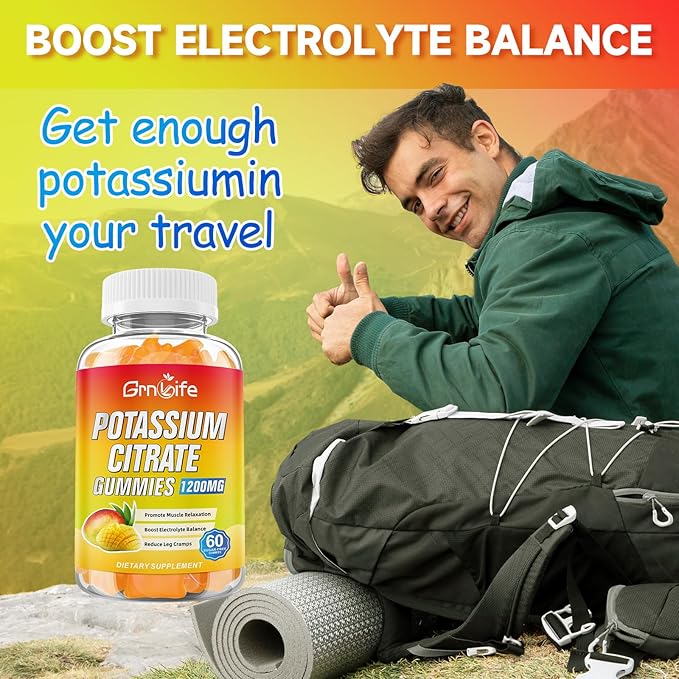 Potassium Citrate Gummies, High Potassium Supplement Gummies 1200mg Support Leg Cramps & Muscle Health, Potassium Gummies for Adults & Kids, Vegan, Mango Flavor 60 Count