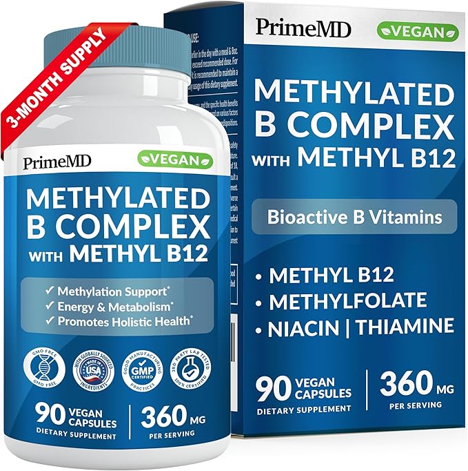 Methylated B Complex with Methylfolate and B12 Methylcobalamin 1000 mcg - Methylated Multivitamin for Energy, Brain Function, and Wellness - Vitamin B Complex for Men & Women (90 Servings) (Pack of 1)