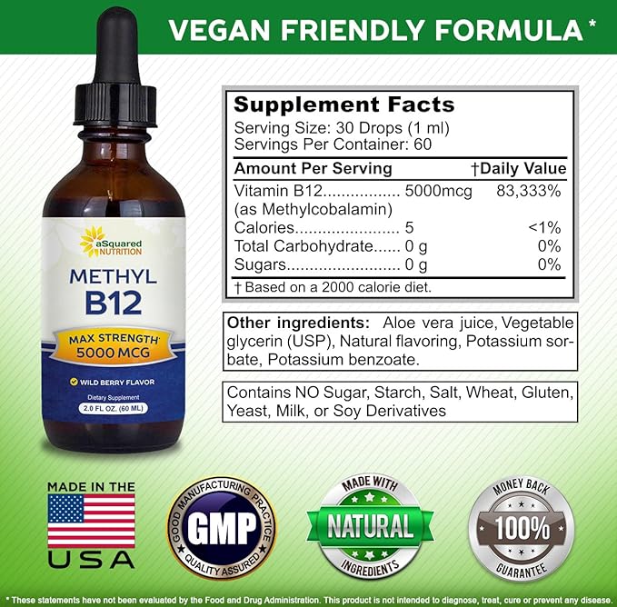 aSquared Nutrition Vitamin B12 Sublingual Liquid Drops - 5000 MCG Supplement with Methylcobalamin (Methyl B-12) - Max Absorption B 12 to Increase Energy - Vegan Friendly - 2 fl oz