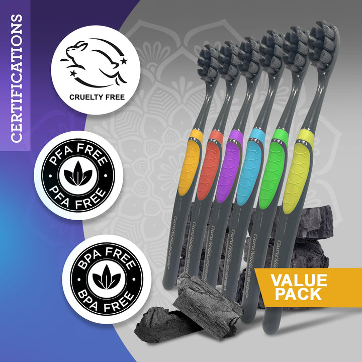 GuruNanda Butter on Gums Charcoal Toothbrush - 8000+ SoftexTM Bristles for Sensitive Teeth & Gums, Aids in Teeth Whitening, Extra Soft (6 Count)