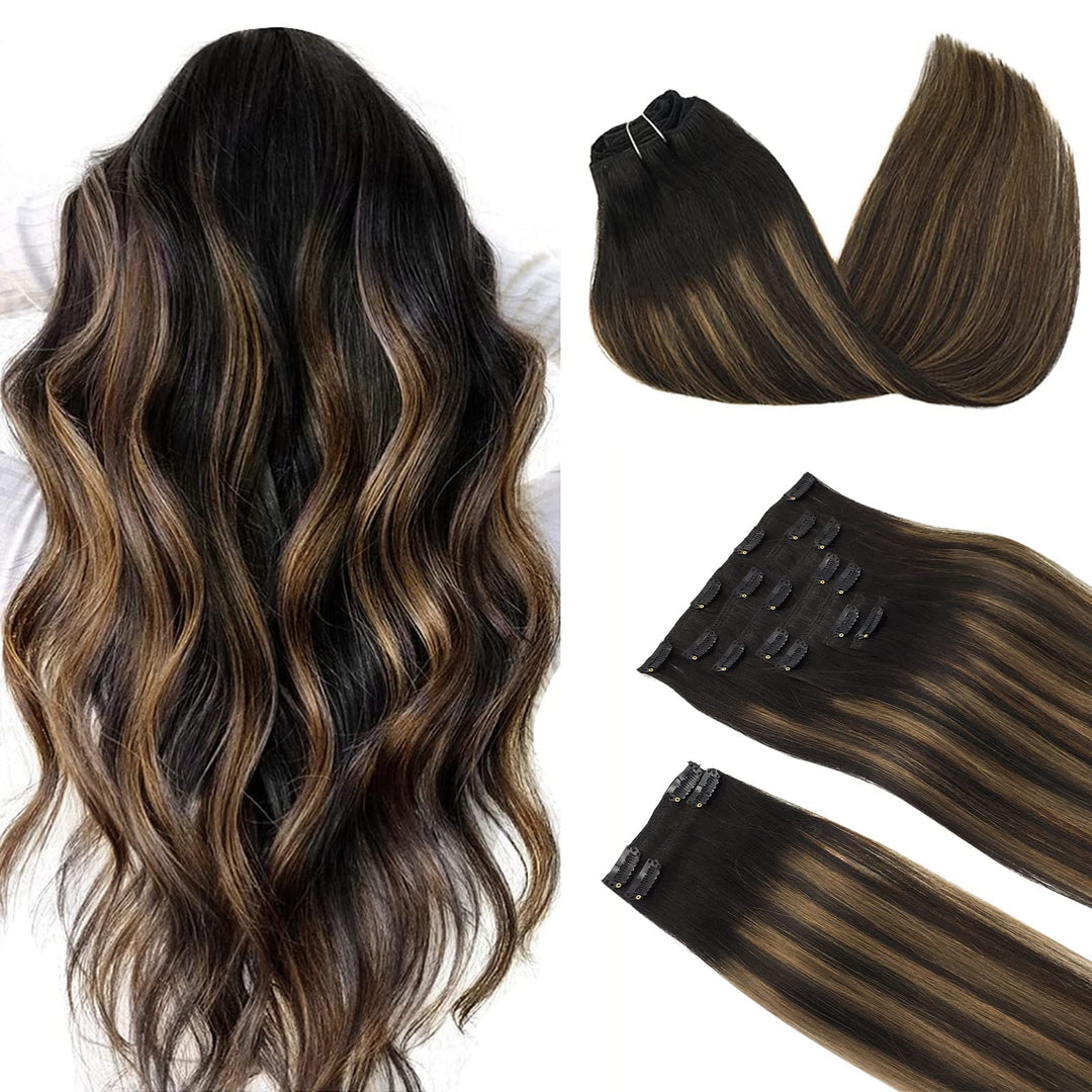 Doores Hair Extensions Clip In Human Hair, Balayage Natural Black To Chestnut Brown 22 Inch 150G 9Pcs, Human Hair Extensions Cli