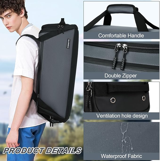 FIORETTO 43L Mens Sports Gym Bag with Wet Pocket & Shoe Compartment, Travel Duffle Bag Overnight Bag with Padded Shoulder Strap, Holdall for Swimming, Basketball, Football Grey