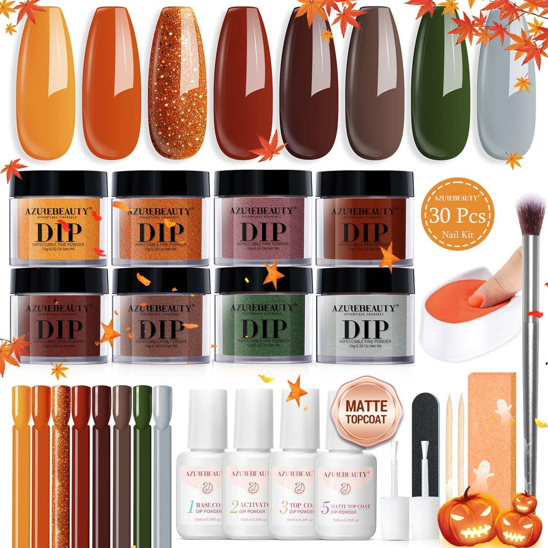Azurebeauty Dip Nails Powder Starter Kit, Maple Grey Sage Green Dark 8 Colors Set With Nail Sticks, Fall Nail Art Base Glossy/Ma