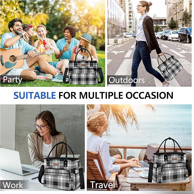 MIYCOO Lunch Bag Lunch Box Women - Leakproof Insulated Lunch Cooler Bag for Women - Large Lunch Tote Bags Adults, Checkered Black and White